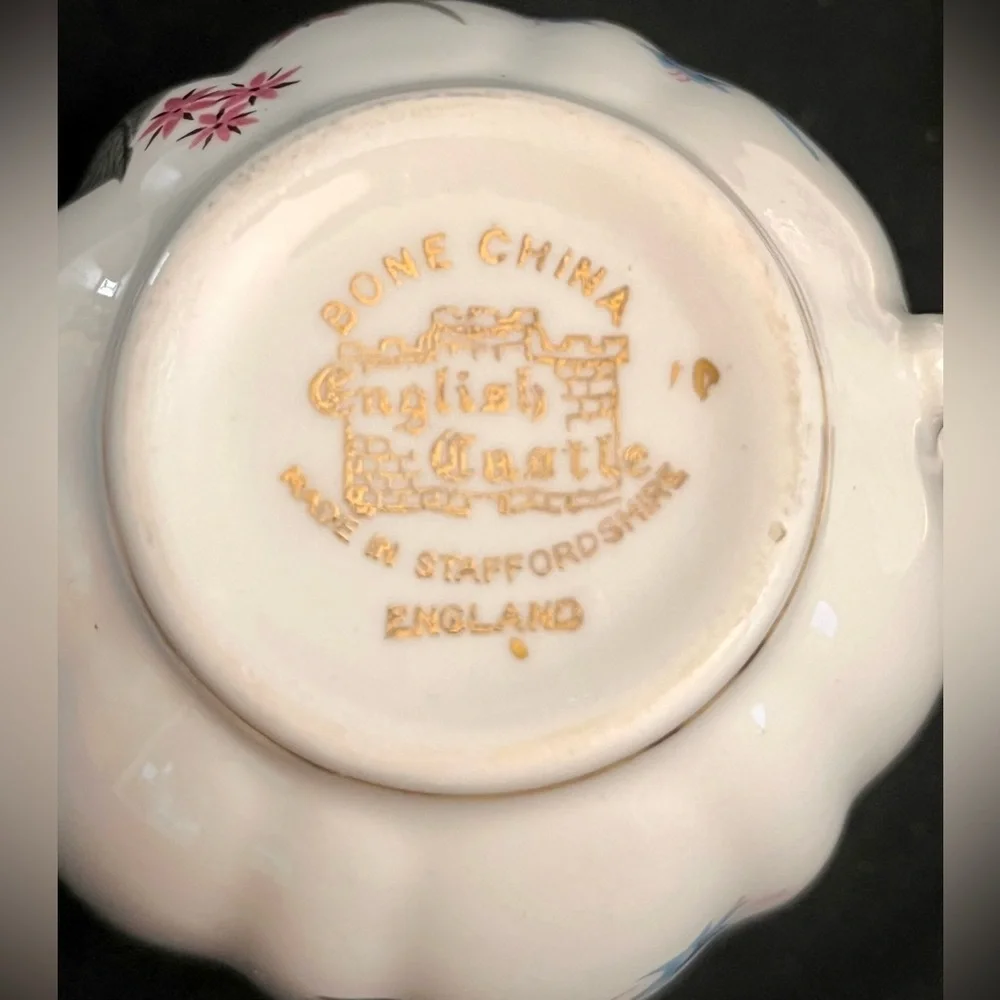 Vintage English Castle 22K Gold Trim Blue Lily Bone China Teacup Saucer Set Tea